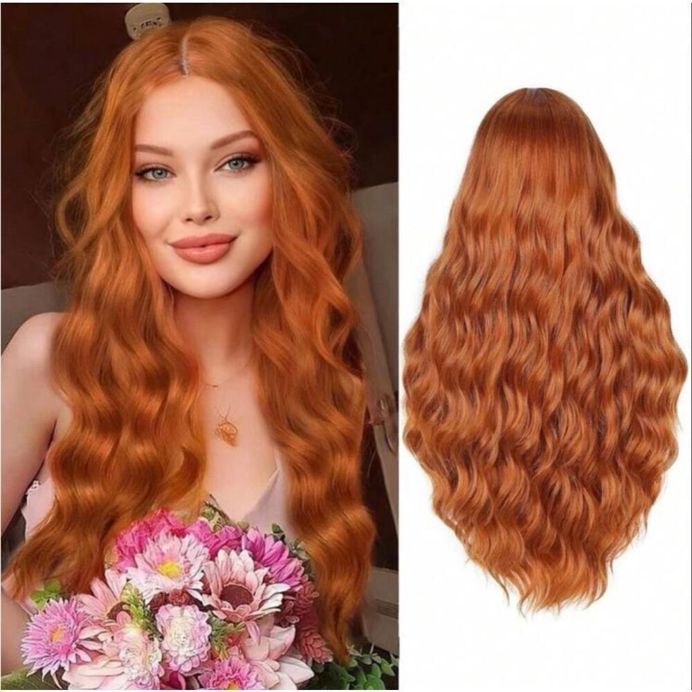 28” Long Ginger Wavy Synthetic Auburn Wig Lace Front‎ NEW